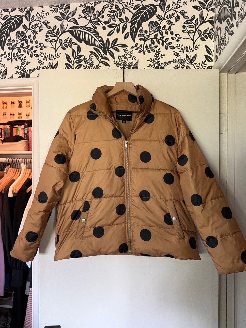 Who What Wear Tan Puffer Jacket with Black Polka Dots